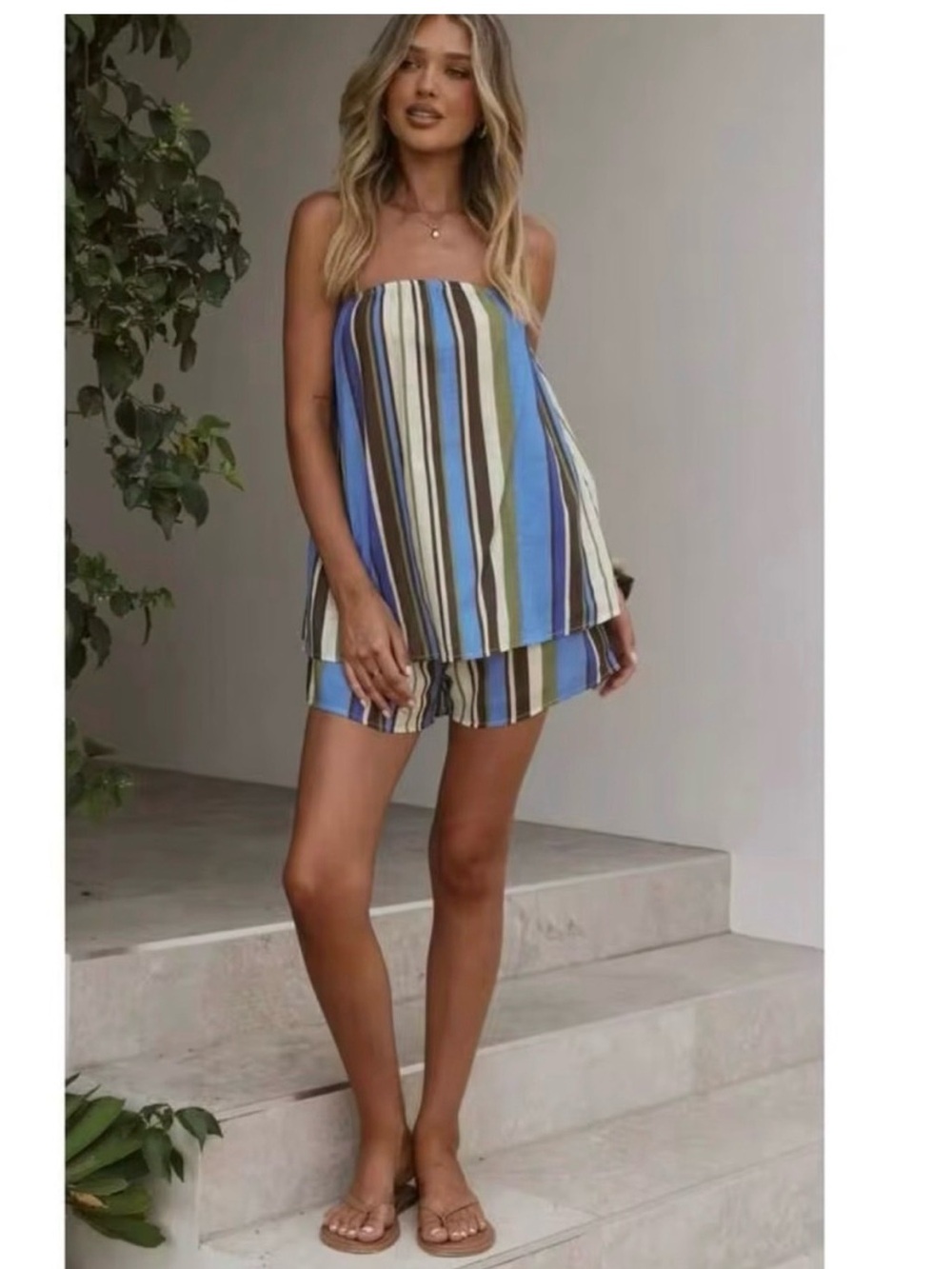 Striped Blue & Green Strapless Set